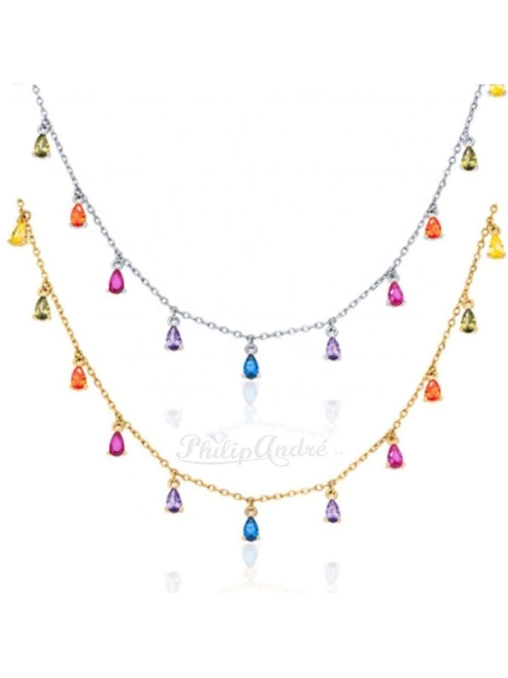 925 Sterling silver Rainbow Dangling Teardrop Necklace, 18k Gold Plated Necklace